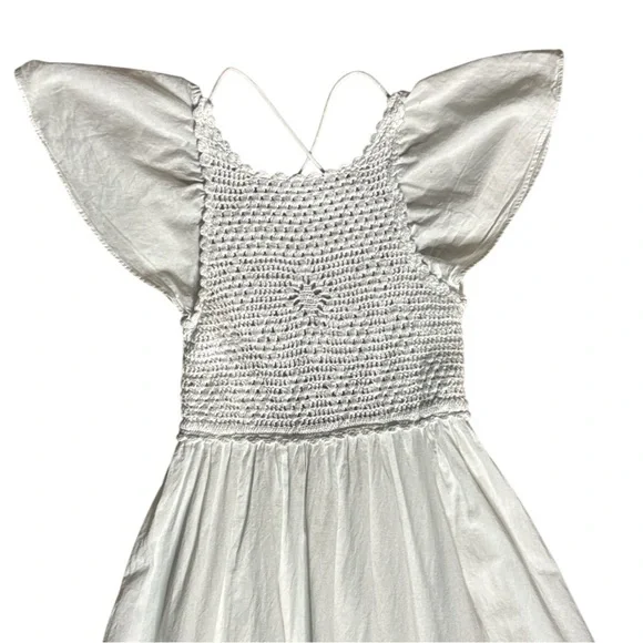 ZARA WHITE COTTON FLUTTER SLEEVE CROCHET BODICE CROSS BACK SUMMER MIDI DRESS - Picture 12 of 13